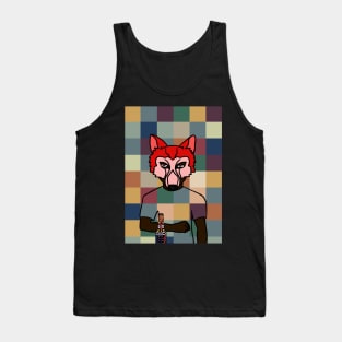 Pixelated Male Character with Animal Mask and Freakish Skin Holding a Dark Bottle Tank Top